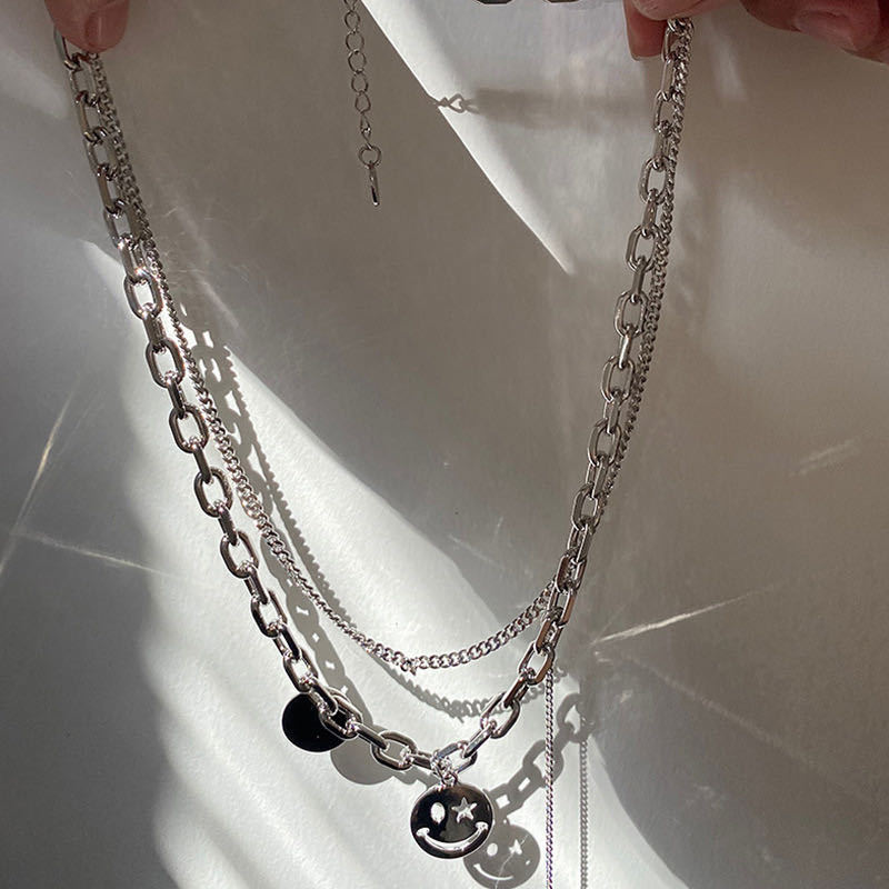 Chain Smiley Face Necklace, Double Pendant Clavicle Chain Sweater Chain