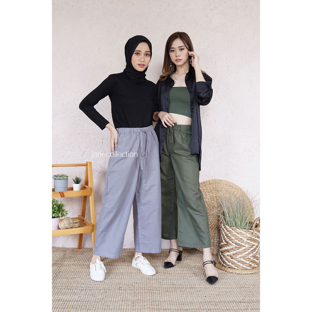 JANE COLLECTION | Celana Panjang Kulot Wanita Kerja Linen Rami Bianca Pants High Waist Cullote Hitam