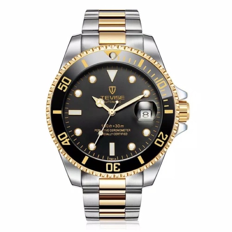 Jam Tangan Mekanik Automatic Tevise Submariner Silver Gold Black