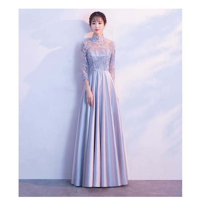 Gaun Pesta 1811053 Abu Silver Lengan Panjang Party Dress Gown