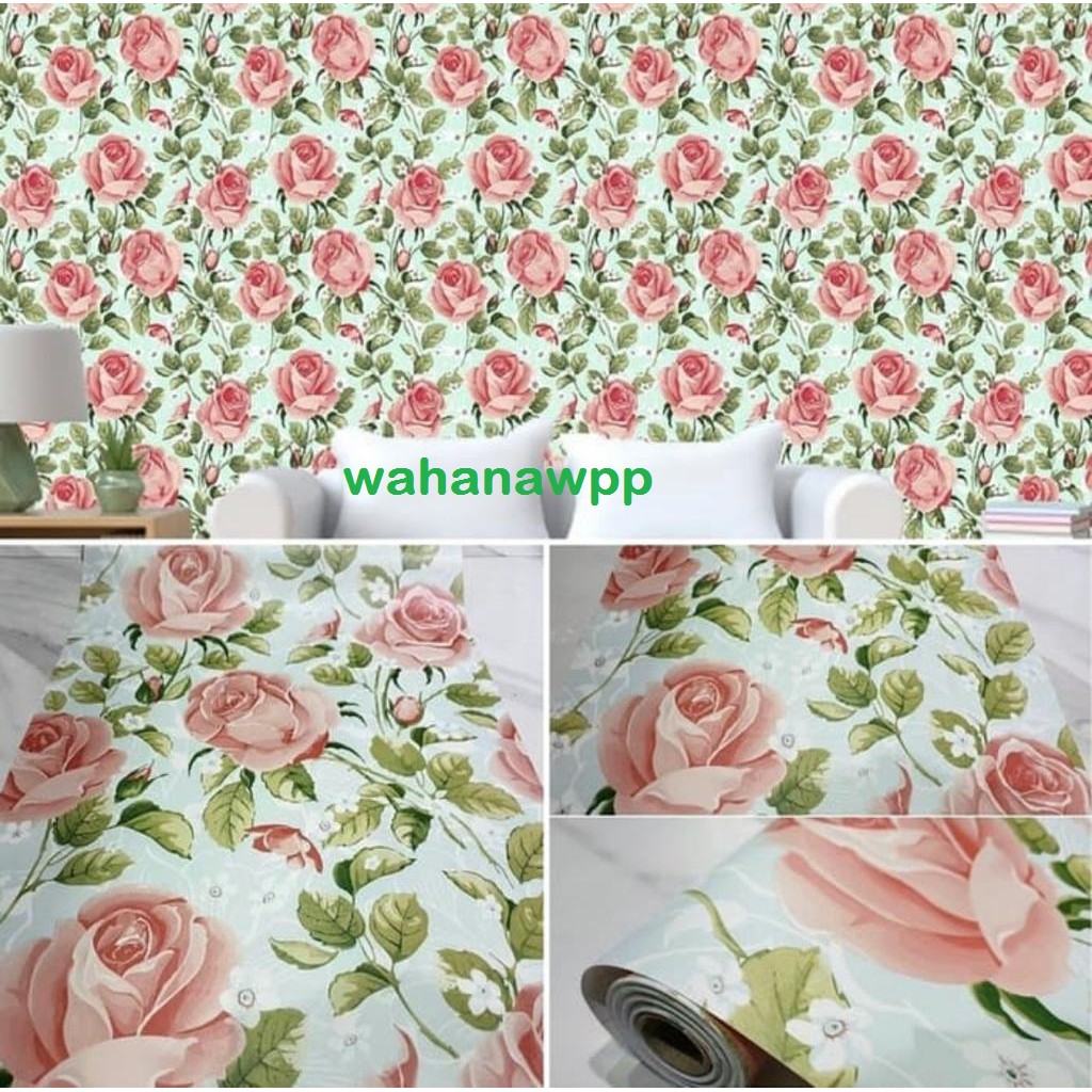 WALLPAPER BUNGA MAWAR PINK DAUN HIJAU UK: 45 CM X 10 METER