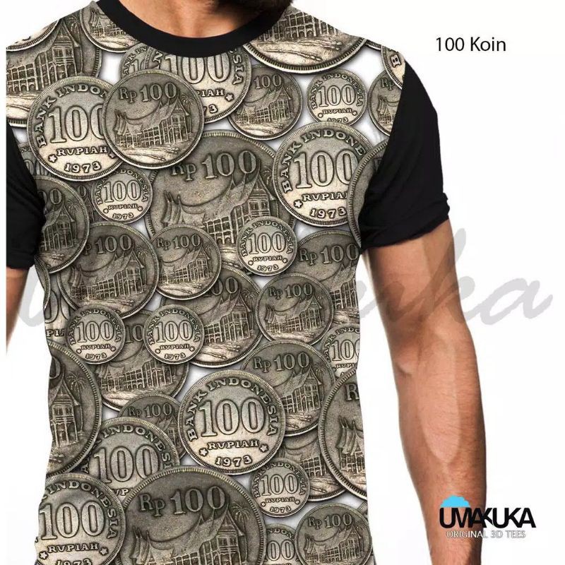Kaos uang IDR 100 koin rupiah lama kuno antik unik fullprint Bandung anak cowok murah keren Jersey