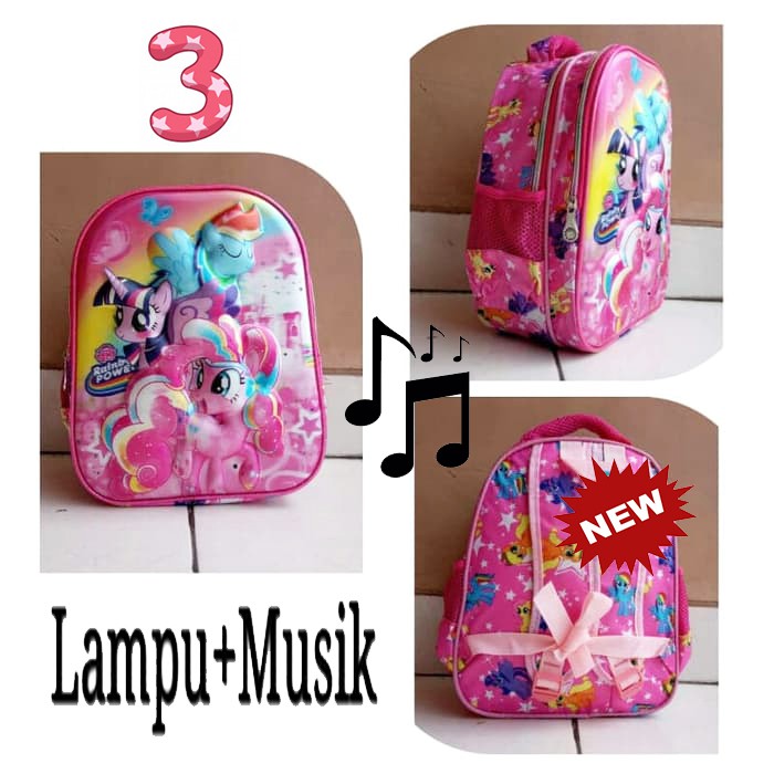 Promo RANDOM Tas Anak Ransel TK / SD LAMPU + MUSIK Gambar Anak Cewek Lengkap 5D Timbul Import