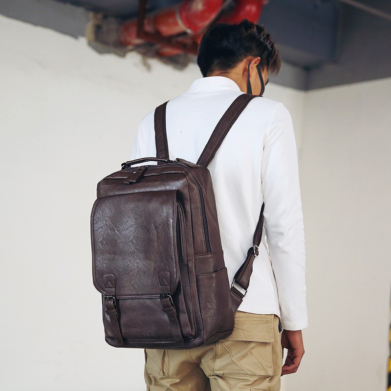 SmallLee Vintage Pria Ransel Tahan Air Khaki PU Kulit Tas Travel Pria Kapasitas Besar Pria Mochila Tas Laptop Remaja Ransel