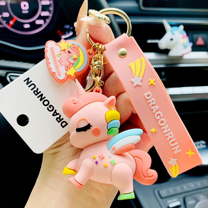 Gantungan Kunci Bentuk Boneka Kartun Unicorn Warna Pelangi Untuk Mobil / Tas Ransel