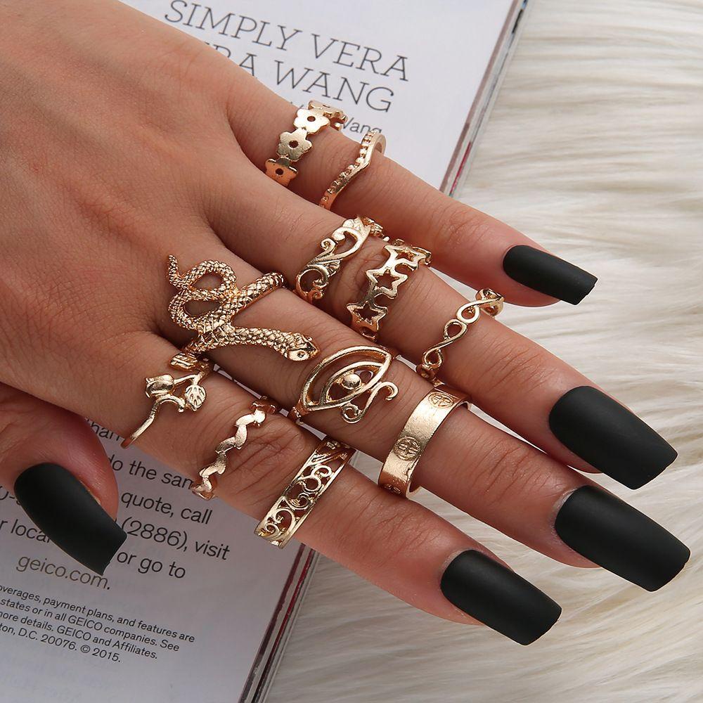 Top 11Pcs /Set Cincin Berbentuk Ular Paduan Baru Emas Ukir Bunga Wanita Gadis Perhiasan