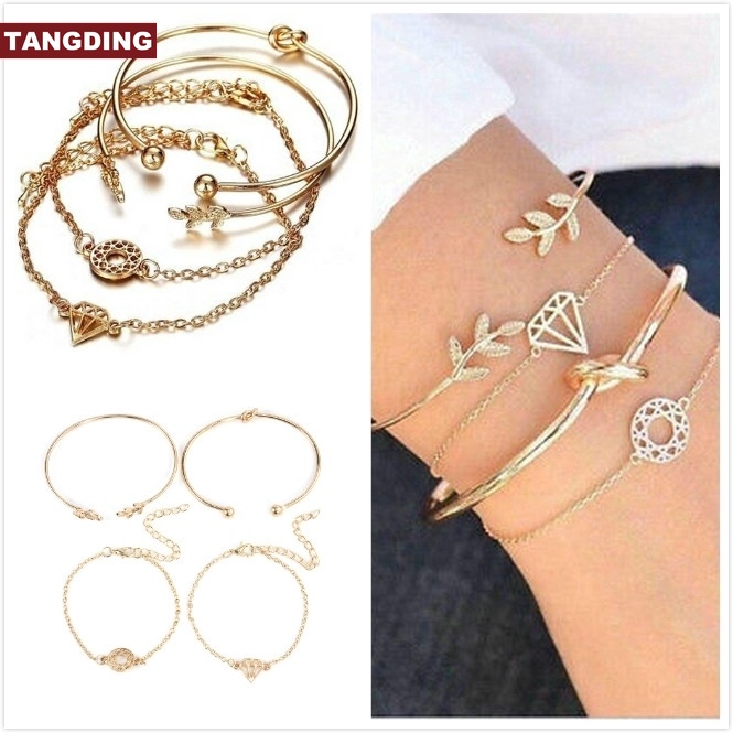 4pcs / Set Gelang Bangle Model Terbuka Dapat Disesuaikan Desain Daun Simpul Warna Emas