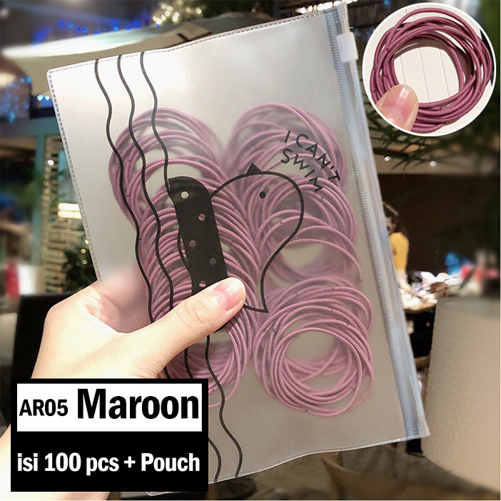 Ikat Rambut Karet Polos Elastis Gaya Korea Wanita / Karet Rambut / Karet Gelang Kucir isi 100pc MCO - AR05-Maroon