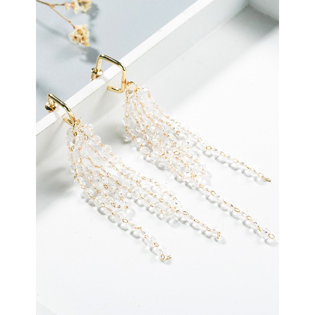 LRC Anting Tusuk Fashion Gold Metal Geometric Crystal Tassel Earrings F89464