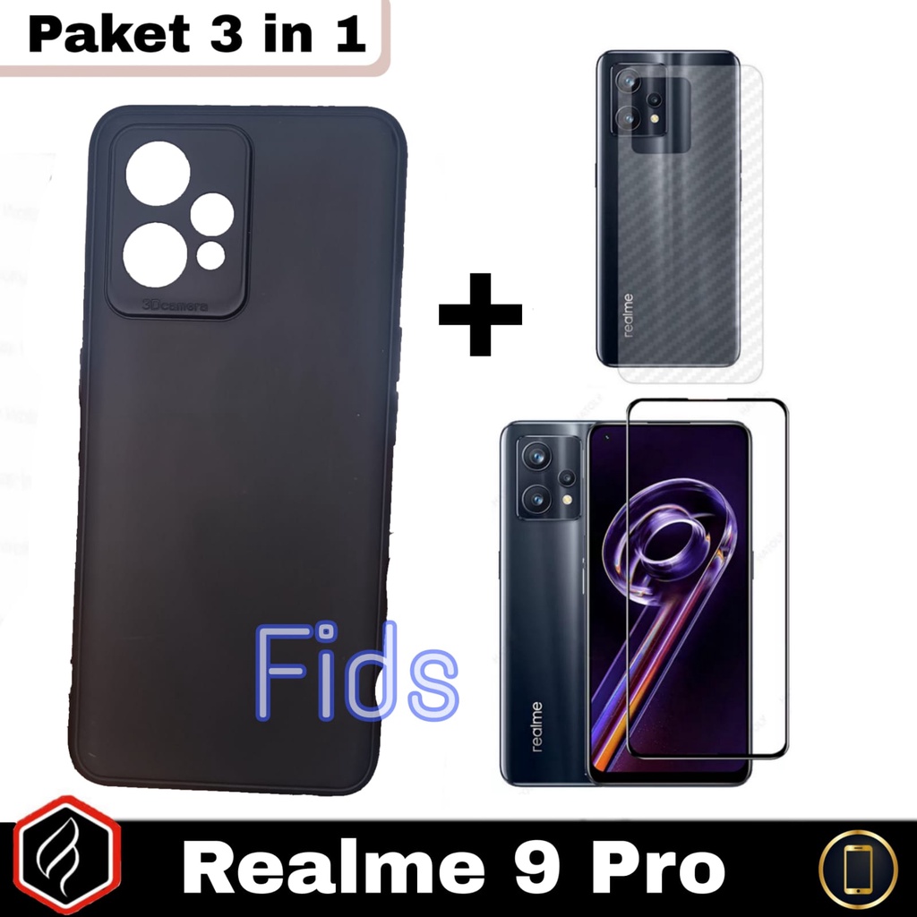 Paket 3 in 1 Case REALME 9 Pro Softcase Black Matte + Tempered Glass Free Garskin Carbon