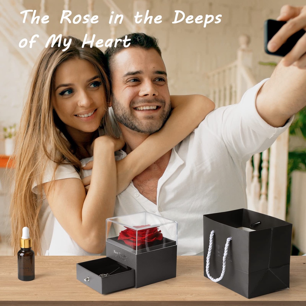 Topspo Tkalung cewek kotak hadiah Diawetkan Mawar Asli 925 Sterling Silver I Love You Kalung 100 Bahasa Buatan Tangan Kalung Hadiah Set I untuk Gadis Wanita Hari Ibu Ulang Tahun Ulang Tahun Hari Valentine Natal Bunga Mawar Asli Paket Hadiah Set Merah