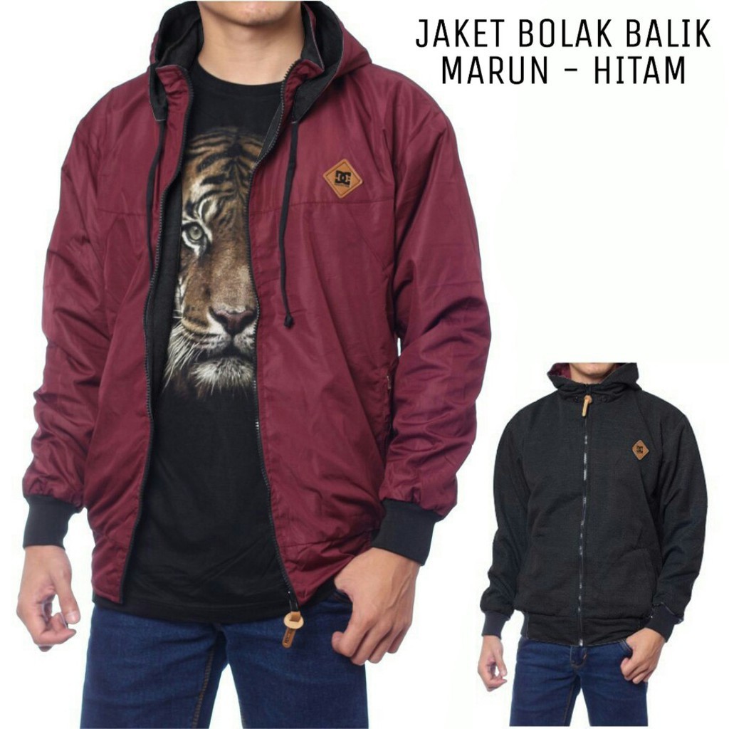 JAKET BOLAK BALIK PRIA BB 2in1 PARASUT ANTI AIR FLEECE SIZE M L XL-MAROON HITAM