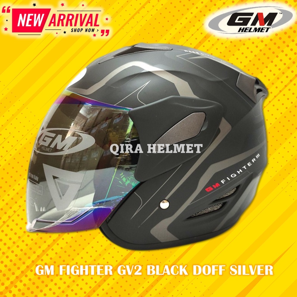 Helm GM Fighter GV2 Black Doff Silver Half Face Motor SNI Helem Dewasa Pria Wanita Helmet Original