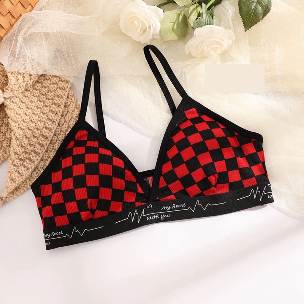 HUES.ID Bra Wanita Tanpa Kawat Bahan Halus BH Pakaian Dalam Bra Push Up Motif Catur 1086