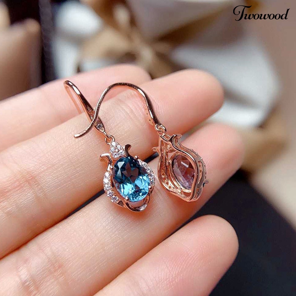 Twowood 1 Pair Hook Earrings Faux Topaz Rhinestones Ladies Bright Luster Long Lasting Drop Earrings for Wedding