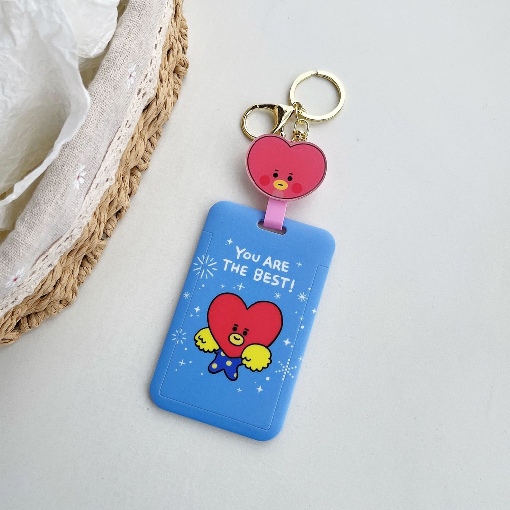 KPOP BTS BT21 Card Holder Hard Case TATA COOKY Photocard Protector Key Ring dengan Rantai Gantung yang Dapat Direnggangkan