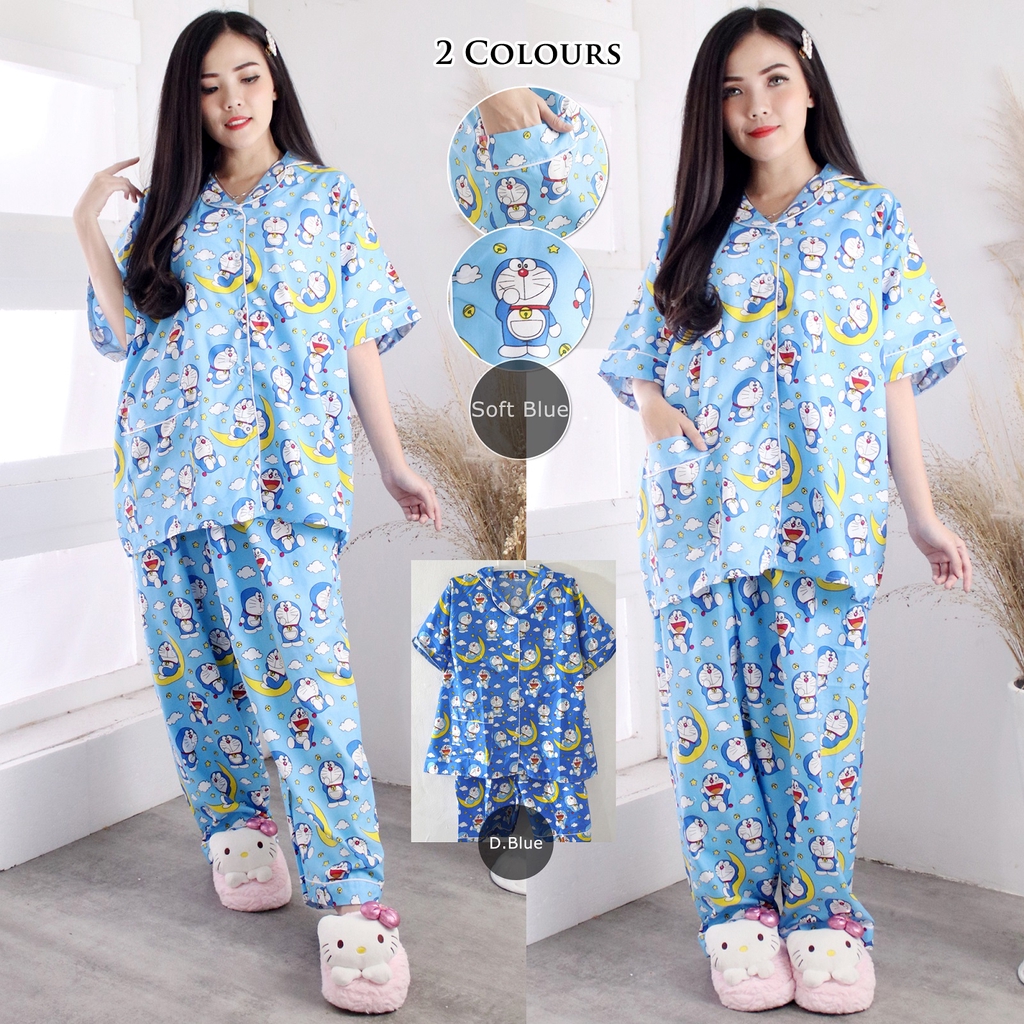 Piyama dewasa CP BIGSIZE,celana panjang baju pendek, FIT TO XXXL,motif DORAEMON SABIT