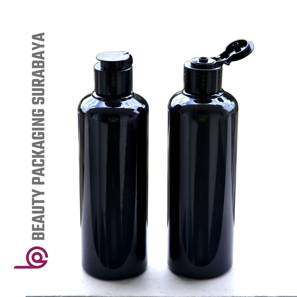 Botol Plastik PET 250ml BR Hitam Tutup Fliptop Jamur
