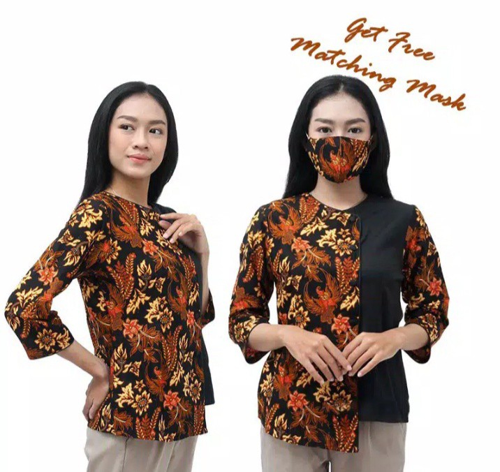 Atasan Batik Wanita Blouse Kombinasi Hitam - S-m-l-xl-xxl-3l-4l-5l - Model Kancing Depan - Modern