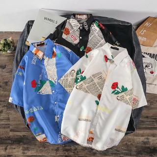 Kemeja Urban Pria Lengan Pendek Casual Longgar Motif Print  