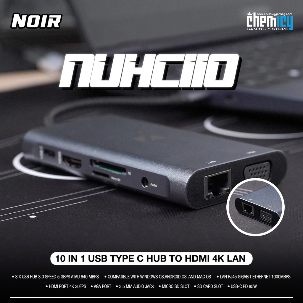 Noir NUHC110 10 in 1 USB Type C HUB to HDMI 4K LAN USB 3.0 Fast Charge