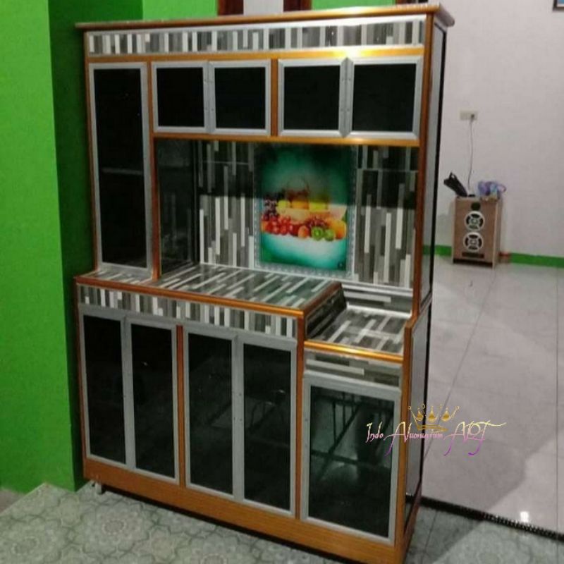 Rak Dapur Sehat / Lemari Dapur Besar Warna Mas Bahan Alumunium Kaca