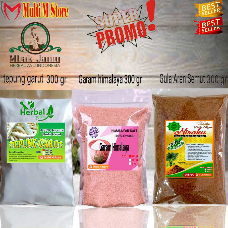 

PAKET 300 Gram Tepung Garut 300 Gram Gula Aren 300 Gram Garam Himalaya