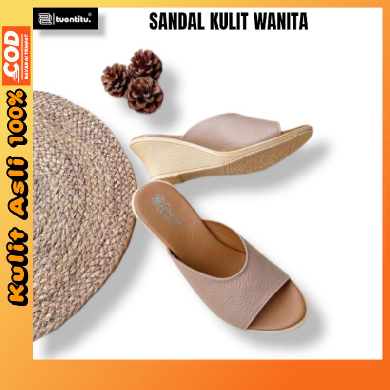 Wedges Kulit Asli Sandal Hak Wanita 5cm Papirut Garut