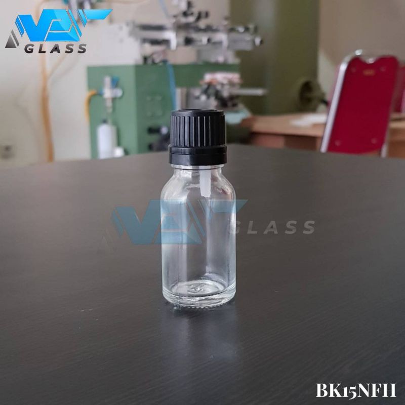 botol kaca 15ml bening tutup filler hitam / botol kaca essential oil 15ml