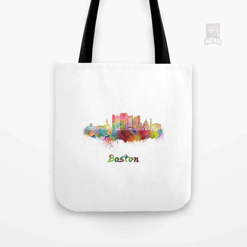 Tote Bag Kanvas Boston V2 skyline in watercolor