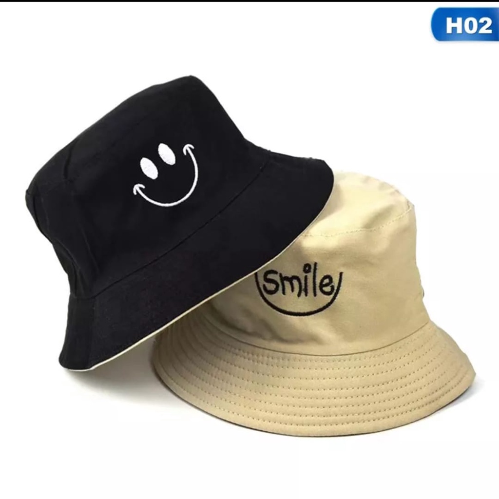 TOPI BUCKET BORDIR SMILE SMILE BOLAK BALIK  TOPI BUCKET KOREA COD