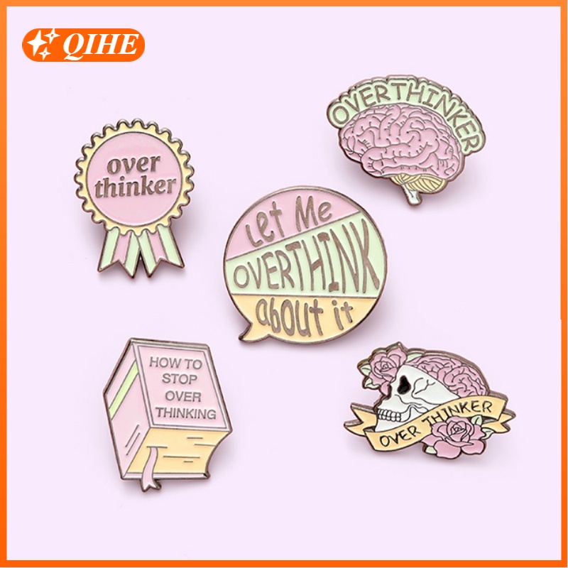 Bros Pin Enamel Desain Kartun Overthinker Brain Skull Book Untuk Hadiah Teman