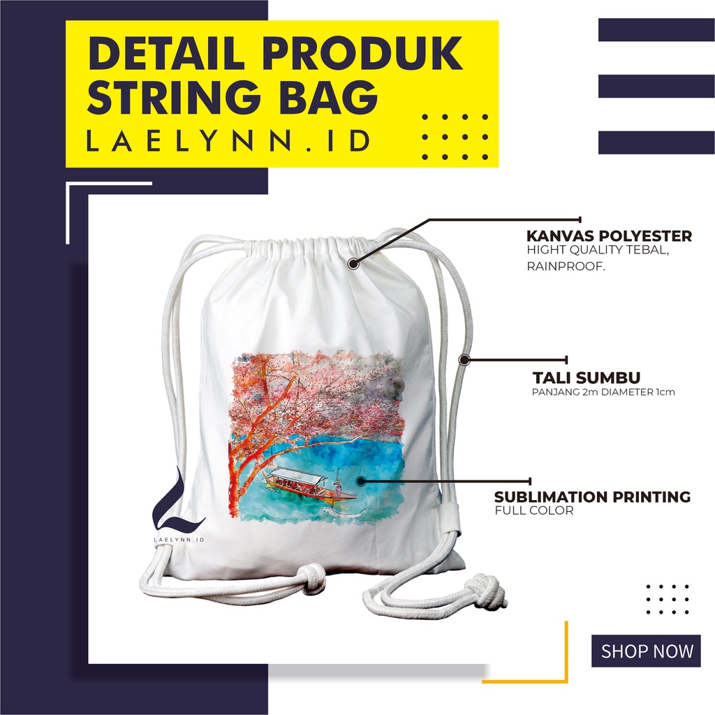 LAELYNN - STRING BAG TAS SERUT KANVAS PREMIUM Motif Destination Watercolor - DWC0108