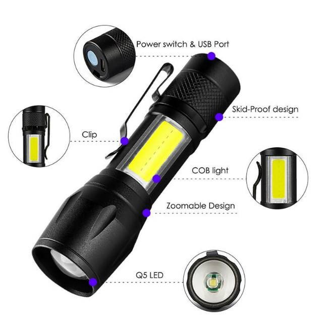 Senter Mini XPE COB Led Zoom SWAT Police Light Recharge 3 Mode