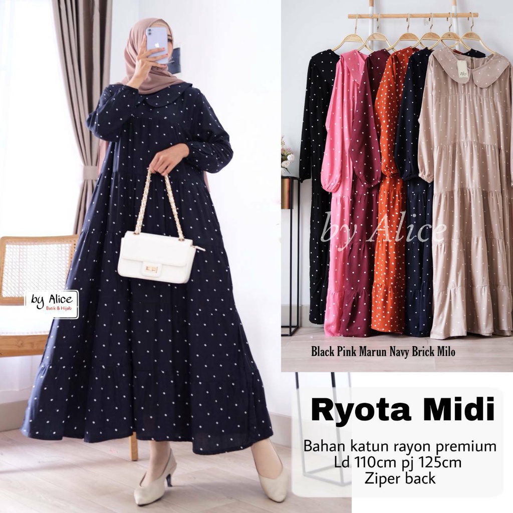 RYOTA MIDI DRESS / 18.7 / BAHAN KATUN RAYON PREMIUM / LD 110 CM / PB 125 CM / ALLSIZE / FIT JUMBO / ALICE