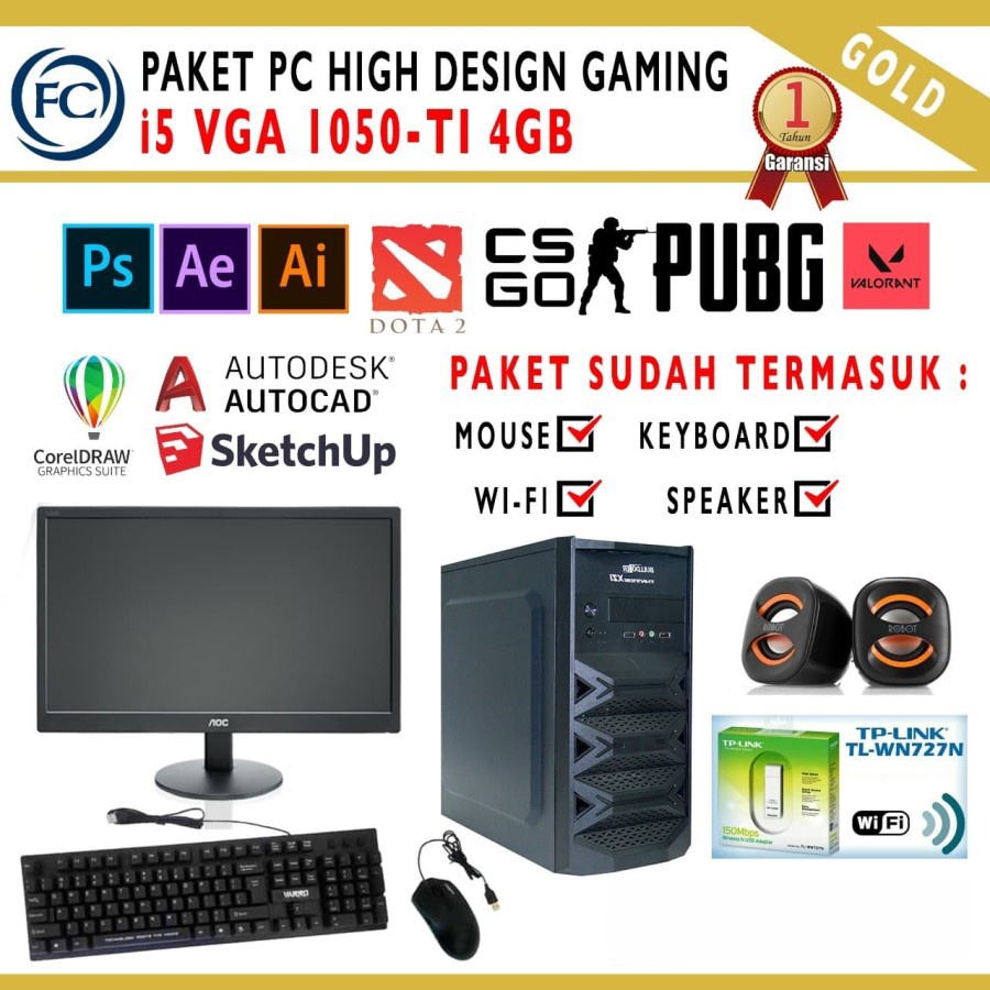 PC Design + Gaming i5 RAM 8gb GTX1050ti 4gb Siap pakai include Monitor