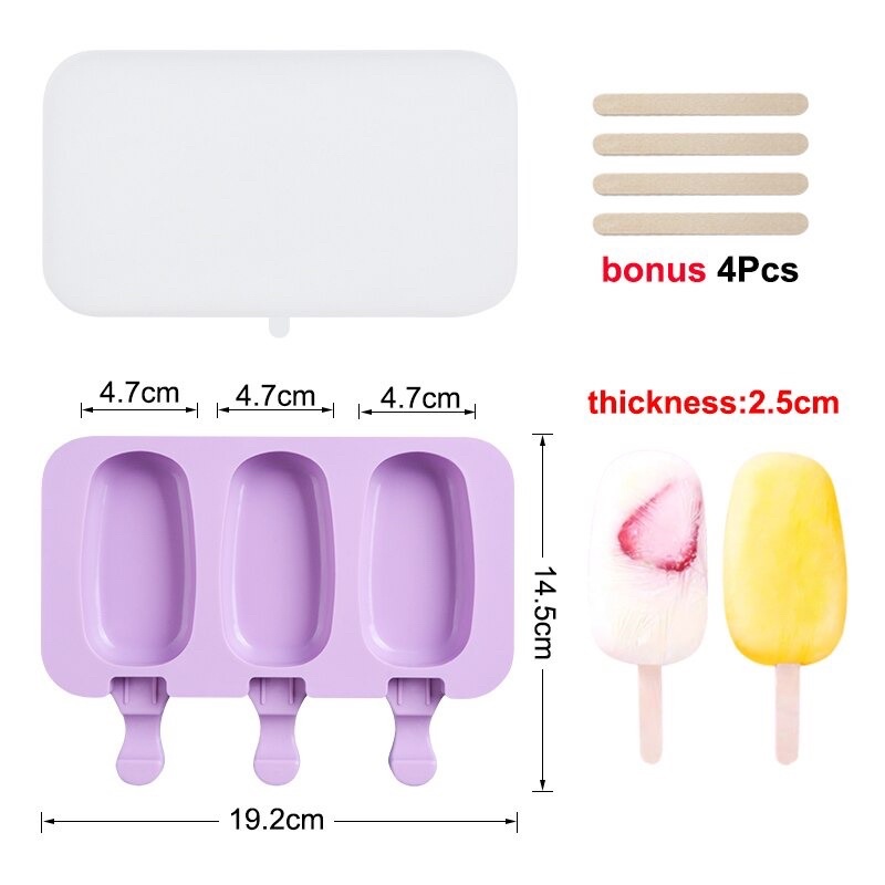 SJ Cetakan Es Krim 3 Hole Silicone Mold Dessert with 50 Popsicle Sticks Model Oval - JSC8004