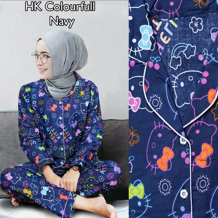 [EbryStore] CK- Piyama HK Colourfull Navy HITAM/Set Piyama/Baju tidur panjang Ori