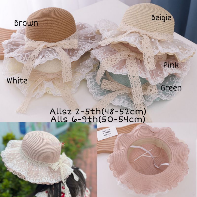 TOPI PANTAI ANAK PEREMPUAN KOREAN STYLE ROTAN APPLIKASI RENDA LACE PITA