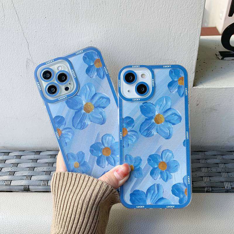 Blue Oil Painting Flowers Soft Case iP iPhone 11 12 13 Pro Max 6 6S 7 8 + Plus X XR SE 2020 XS Max Casing