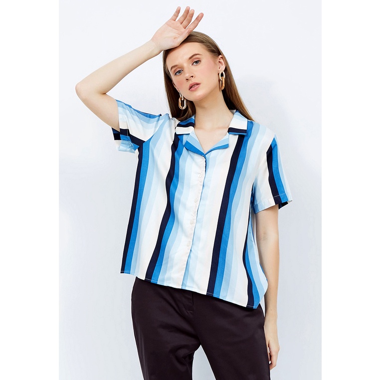 The Executive Short Sleeve Blouse With Camp Collar Blue