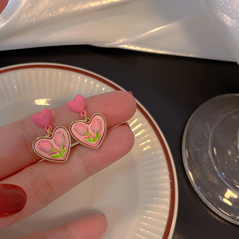 Anting Stud Hias Liontin Hati Pink Tulip Tepi Emas Untuk Wanita