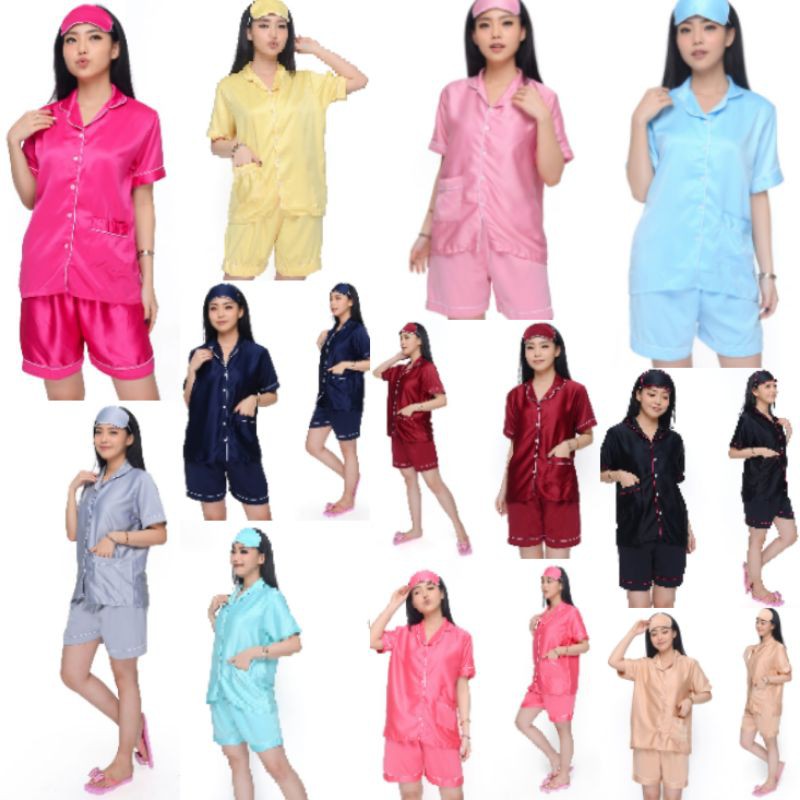 {GROSIR} piyama satin polos wanita dewasa stelan hotpants / HP PIAMA BAJU TIDUR PAJAMAS PENDEK