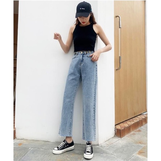 New diimpor fashion celana panjang perempuan high-waist lurus-kaki Premium celana jeans