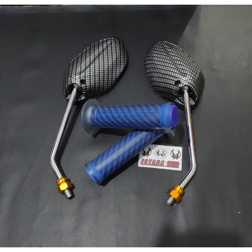Spion Beat Carbon Karbon tangkai Crum Chrome + Handgrip Karbon blue (paket 2 item)