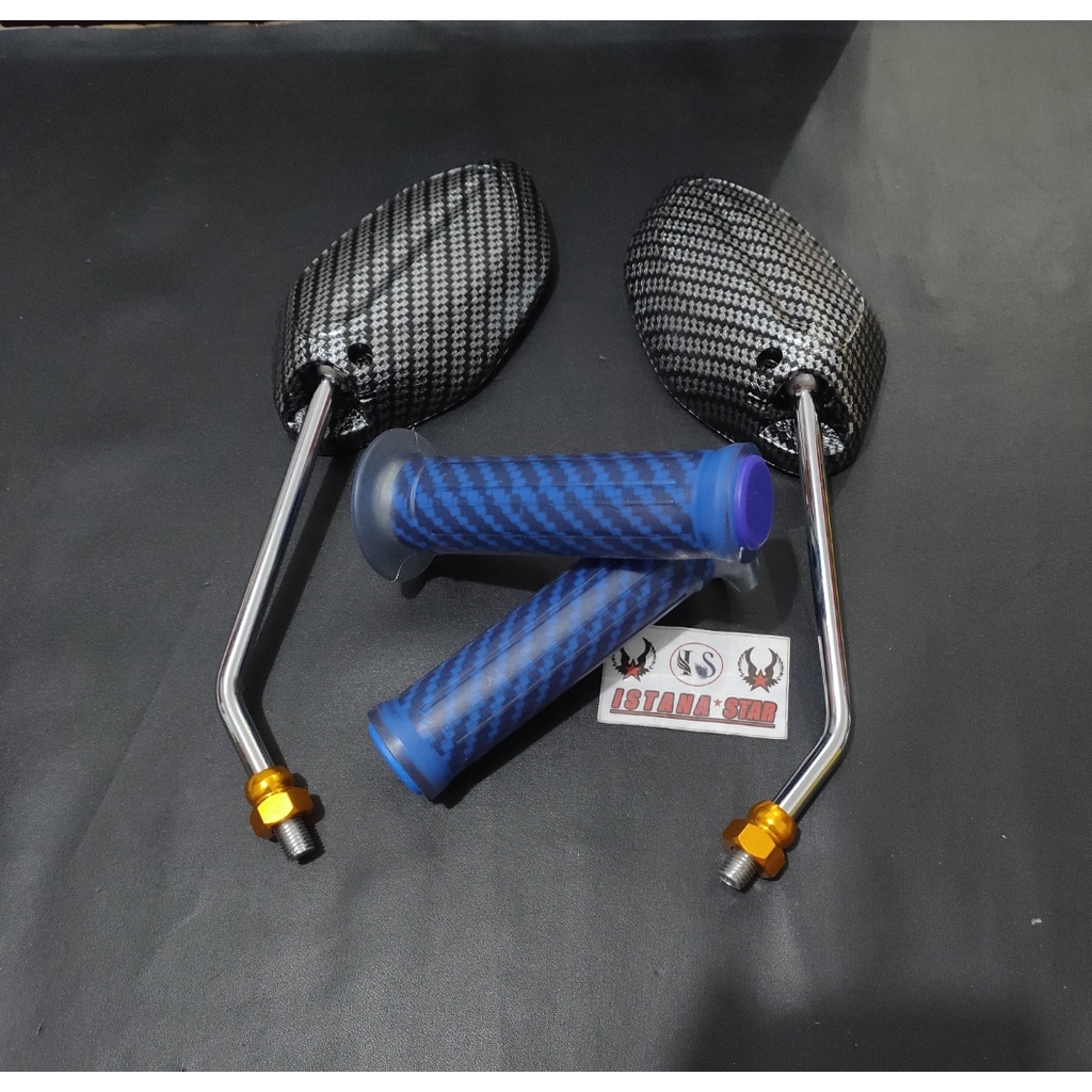 Spion Beat Carbon Karbon tangkai Crum Chrome + Handgrip Karbon blue (paket 2 item)