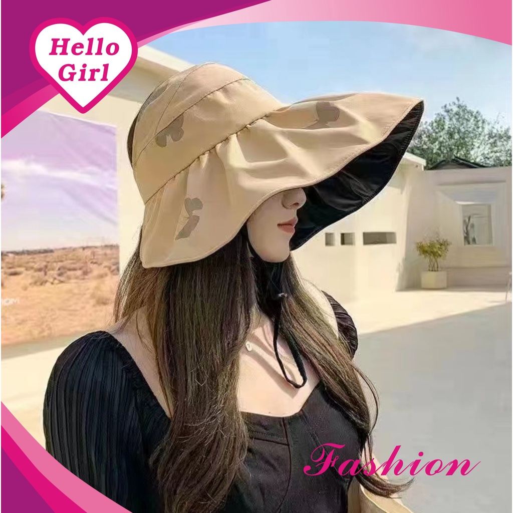 (Hello Girl) MZ25 Topi Pantai Pelindung UV Matahari Model Lebar Lipat Motif Print Butterfly Gaya Korea Import