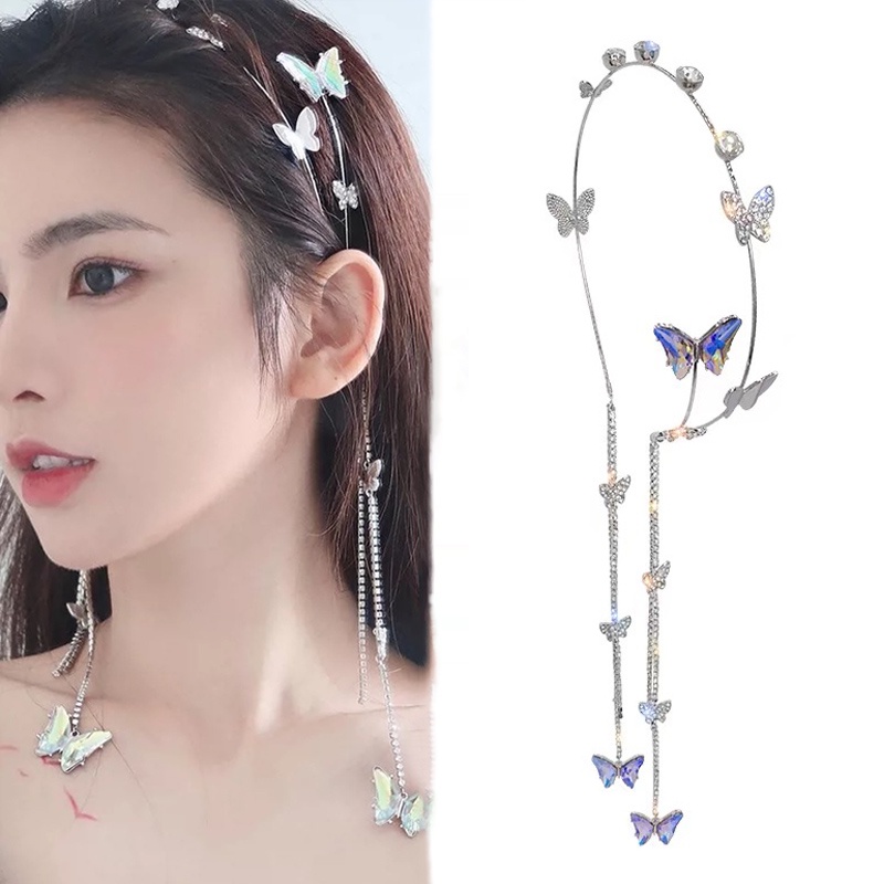 Headband Model Butterfly Tassel Aksen Berlian Untuk Aksesoris Rambut