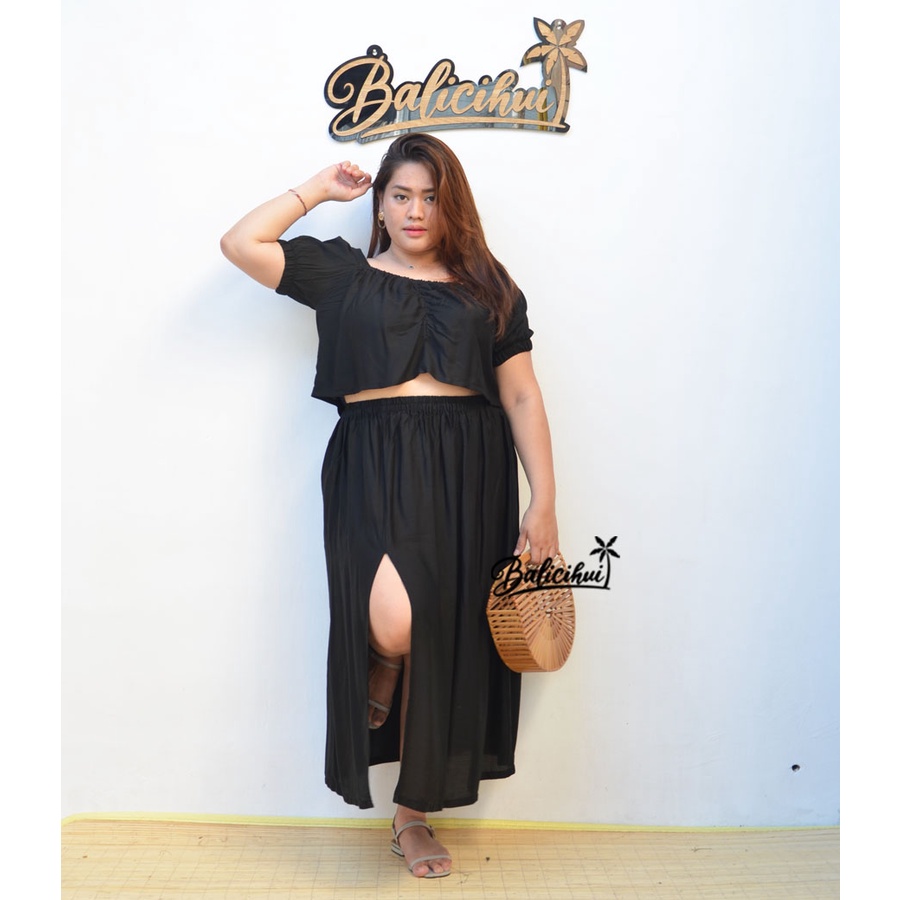 Balicihui Setelan Thalia Set Crop Top Wanita Setelan Jumbo Plus Size Big Size Half Shirt Cutoff Shirt Bali