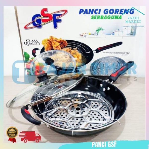 Panci Goreng 32 CM + Tirisan Minyak + Tempat Kukus GSF Lapisan Teflon Tutup Kaca